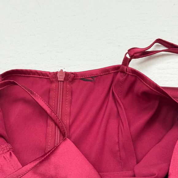 Deep Red Satin Ruched Cowl Neck Midi Dress, Best Fits Small - Picture 5 of 9